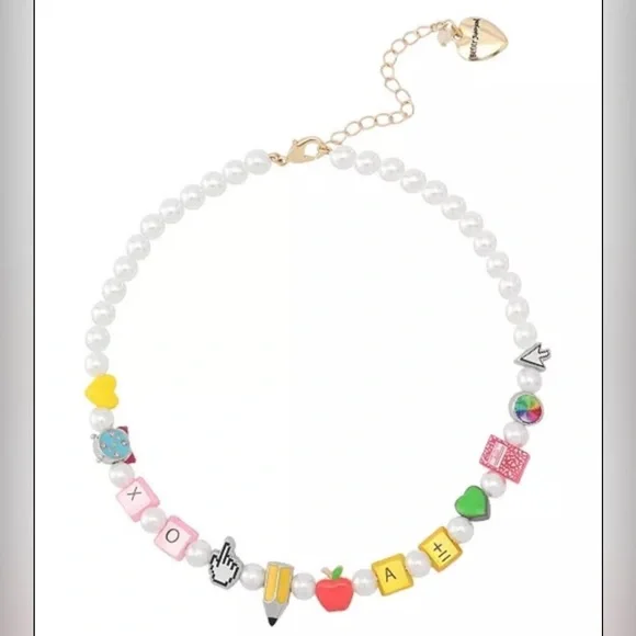 BETSEY JOHNSON SET Back to School Charm & Faux Pearl Necklace & Bracelet NEW NWT - Picture 6 of 16